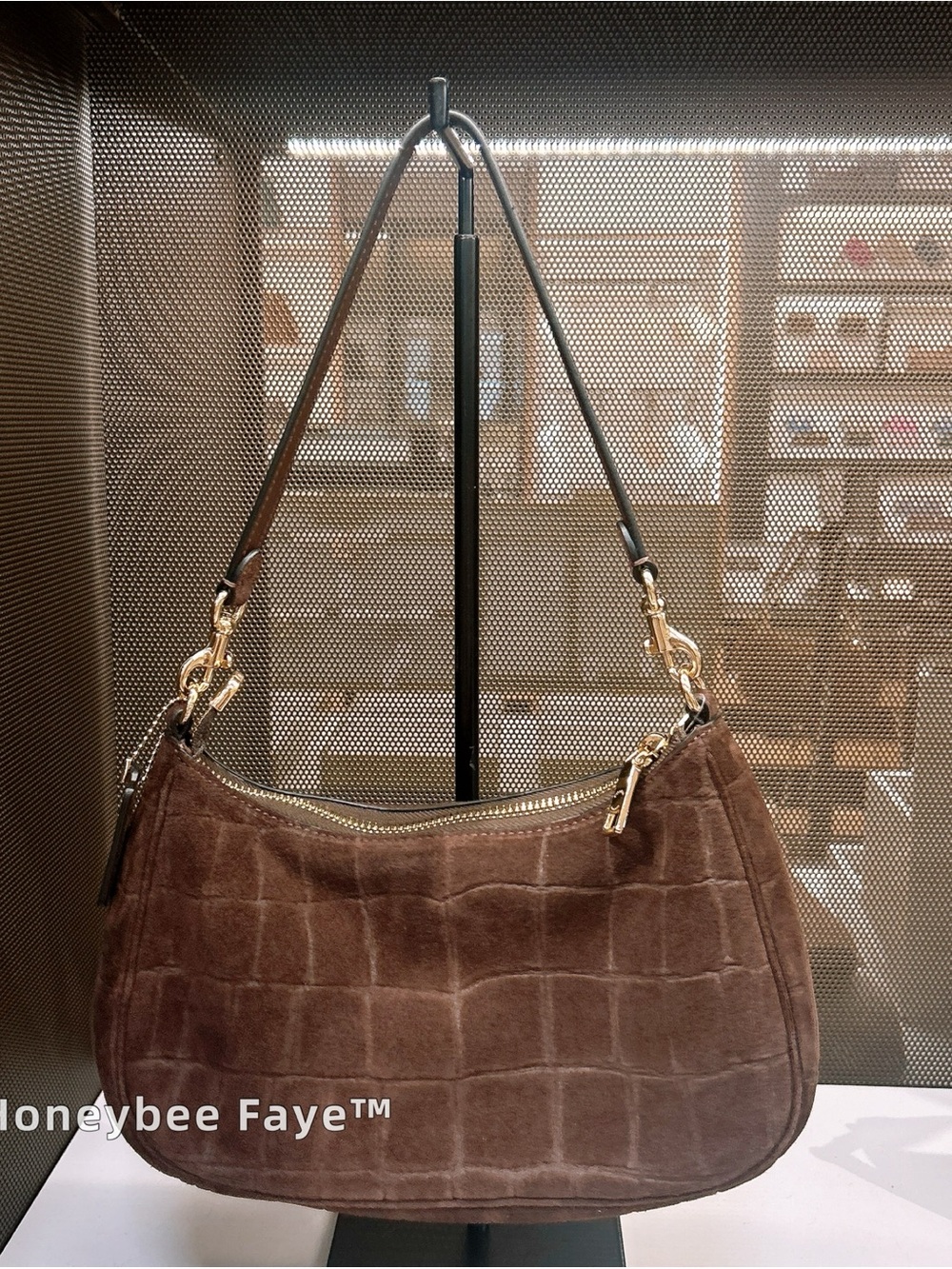 Coach soft Teri Brown Suede Croc-Embossed Shoulder Bag with Gold Hardware - Picture 3 of 7